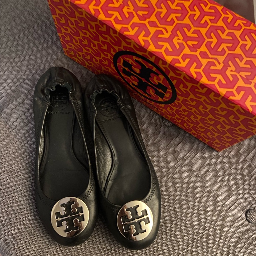Tory Burch Black Leather Flats with Silver Logo